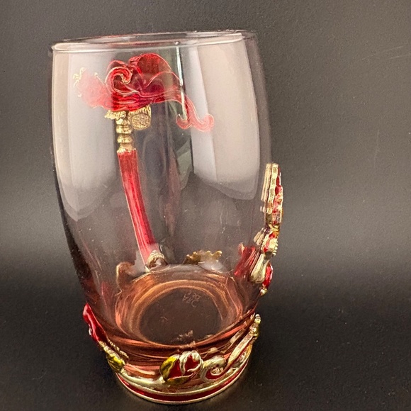 Glass Coffee Tea Cup 3D Jeweled Red & Gold Enamel Rose & Butterfly ARC Of France - Picture 3 of 11